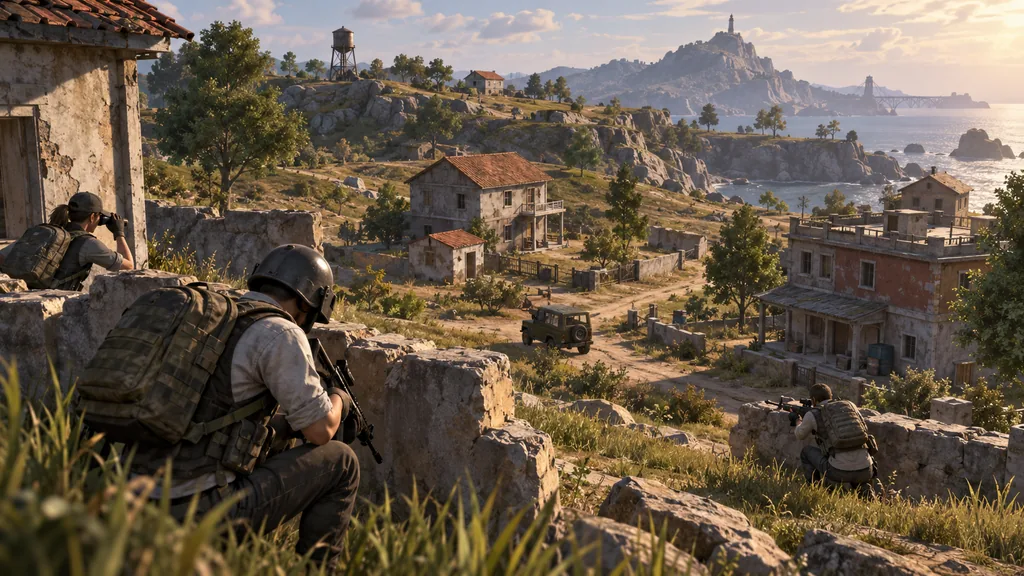 Отряд PUBG наблюдает из-за каменных стен на холме за сельскими домами, дорогой и побережьем Отряд PUBG наблюдает из-за каменных стен на холме за сельскими домами, дорогой и побережьем.