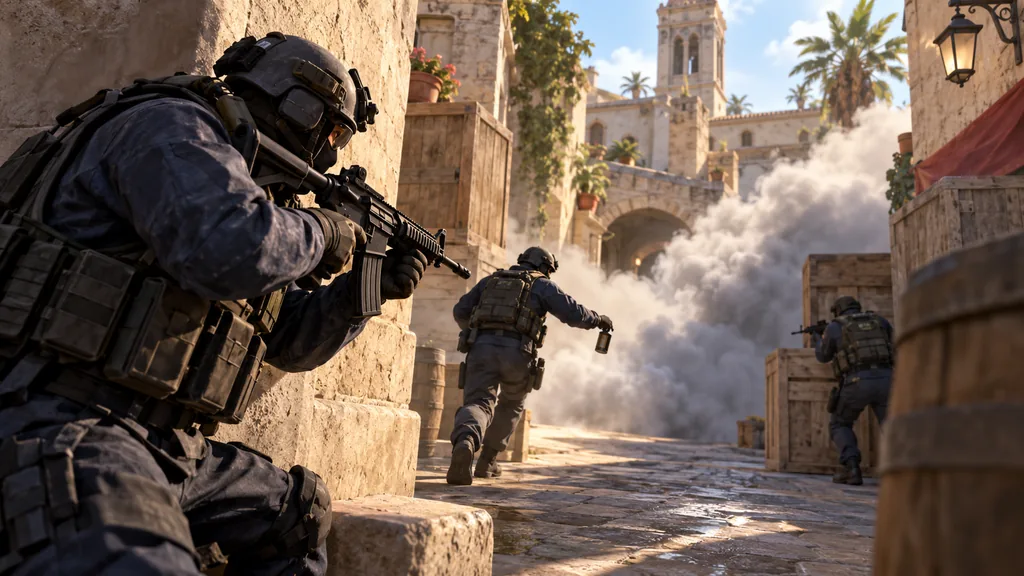 Отряд Counter-Strike 2 отрабатывает продвижение вдоль каменной стены с использованием дымовой гранаты.