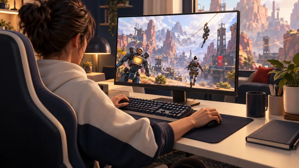 Игрок располагает руки на клавиатуре и мыши перед экраном с отрядом Apex Legends в каньоне.