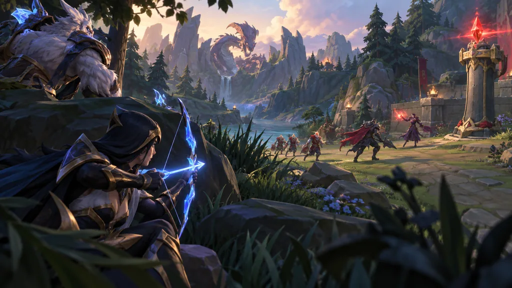 Лучница и её бронированный союзник в League of Legends наблюдают из-за камня за миньонами и башней у реки.