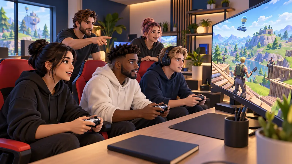 Игроки с контроллерами совместно тренируются в Fortnite под наблюдением тренера.
