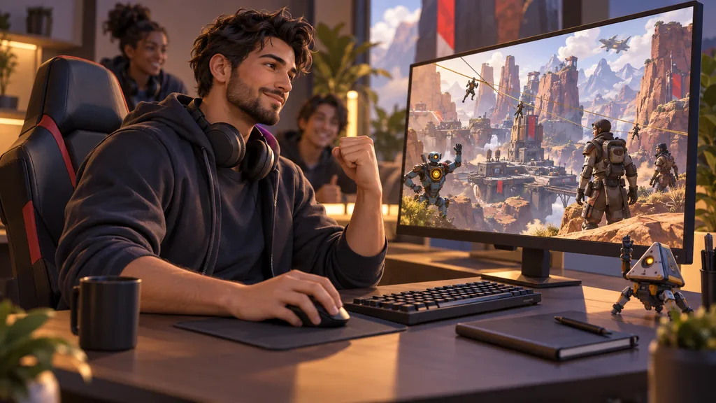 Игрок отмечает успешную тренировку Apex Legends за компьютером на фоне двух товарищей.