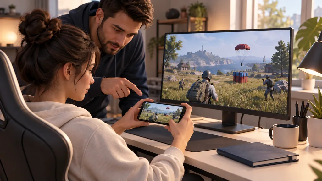 Тренер помогает ученице заниматься PUBG Mobile на смартфоне перед большим игровым экраном Тренер помогает ученице заниматься PUBG Mobile на смартфоне перед большим игровым экраном.