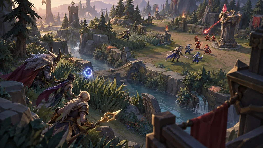 Чемпионы League of Legends занимают укрытие в кустах у реки напротив миньонов и башни с красным кристаллом.
