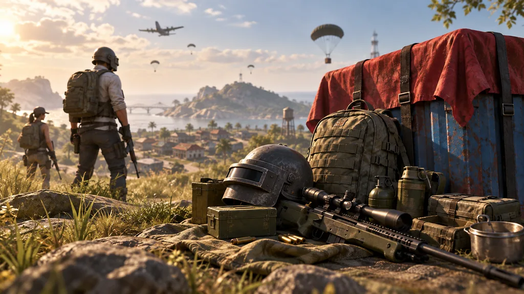 Шлем, рюкзак, винтовка и припасы PUBG Mobile представлены рядом с большим ящиком снабжения.