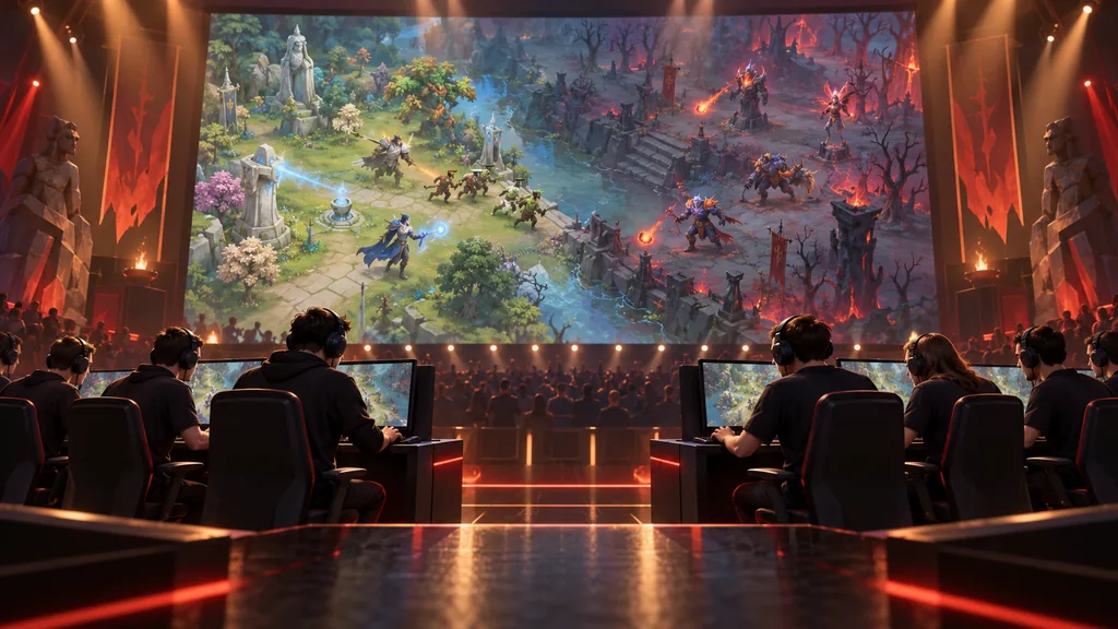 Две вымышленные команды Dota 2 играют на турнирной сцене перед большим экраном Две вымышленные команды Dota 2 играют на турнирной сцене перед большим экраном.
