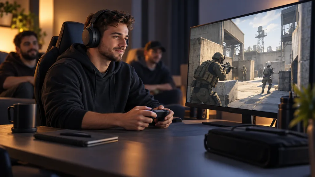 Улыбающийся игрок в наушниках держит геймпад перед монитором с оперативниками на учебном полигоне.