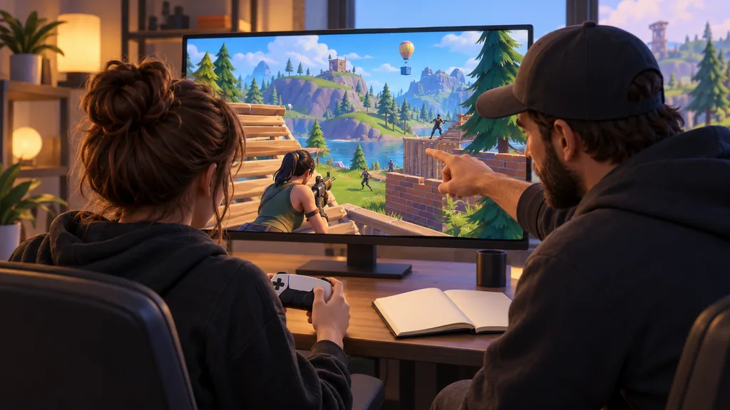 Тренер и ученица разбирают строительство укрытий Fortnite на экране рядом с открытым блокнотом.