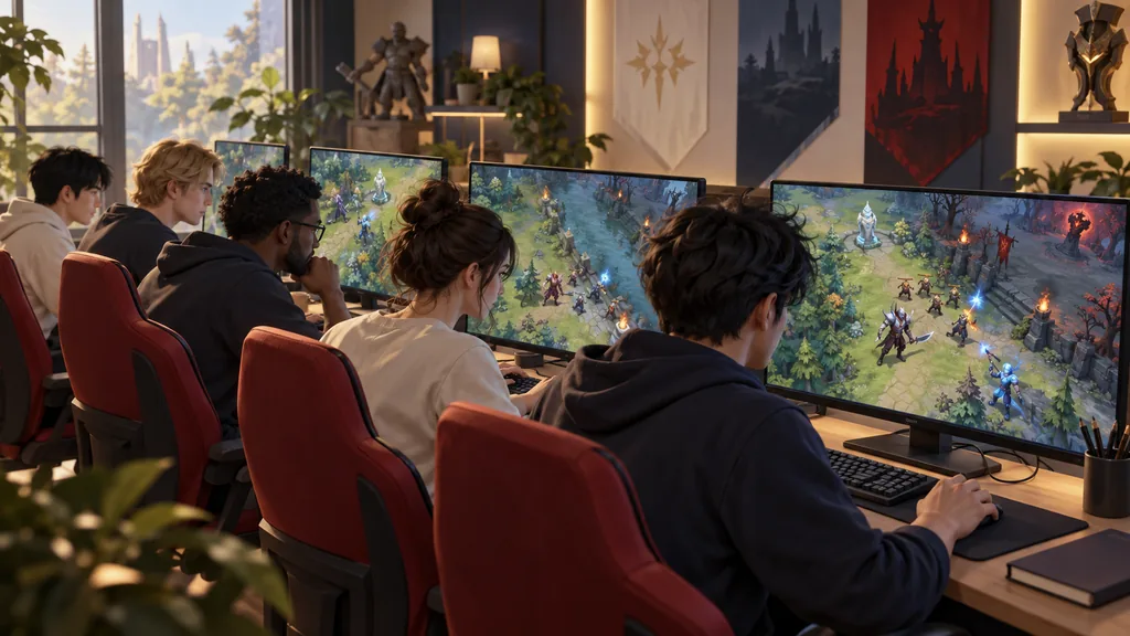 Команда тренируется в Dota 2 за компьютерами в светлой учебной комнате Команда тренируется в Dota 2 за компьютерами в светлой учебной комнате.
