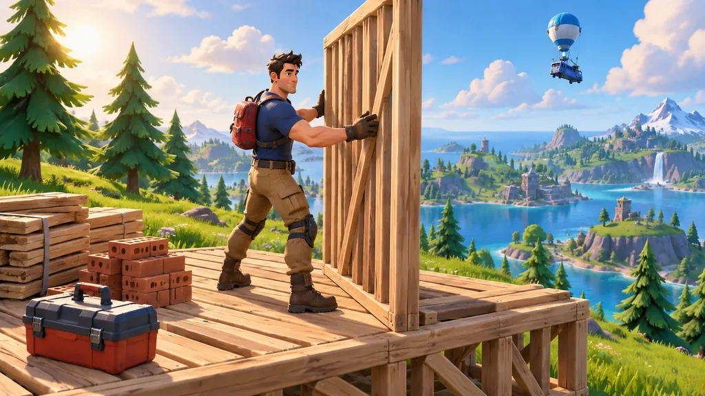 Персонаж Fortnite устанавливает деревянную стену на платформе рядом со строительными материалами Персонаж Fortnite устанавливает деревянную стену на платформе рядом со строительными материалами.