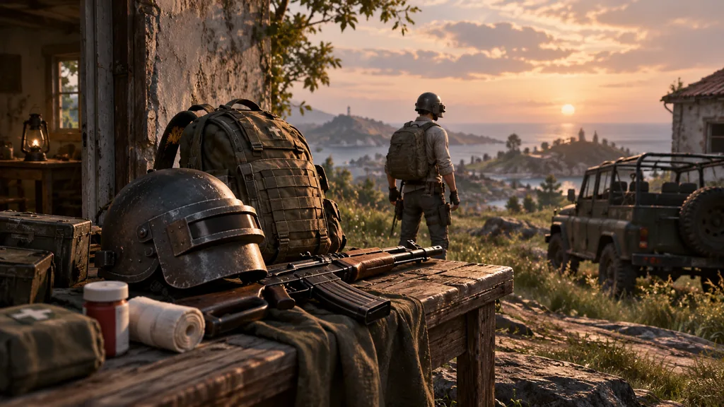Шлем, рюкзак, винтовка и медицинские принадлежности PUBG разложены на ящике возле старого дома Шлем, рюкзак, винтовка и медицинские принадлежности PUBG разложены на ящике возле старого дома.
