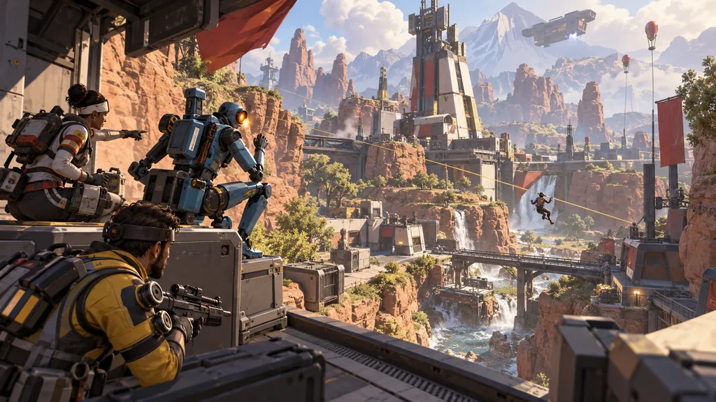 Отряд Apex Legends наблюдает с платформы за товарищем на тросе над каньоном и водопадами.
