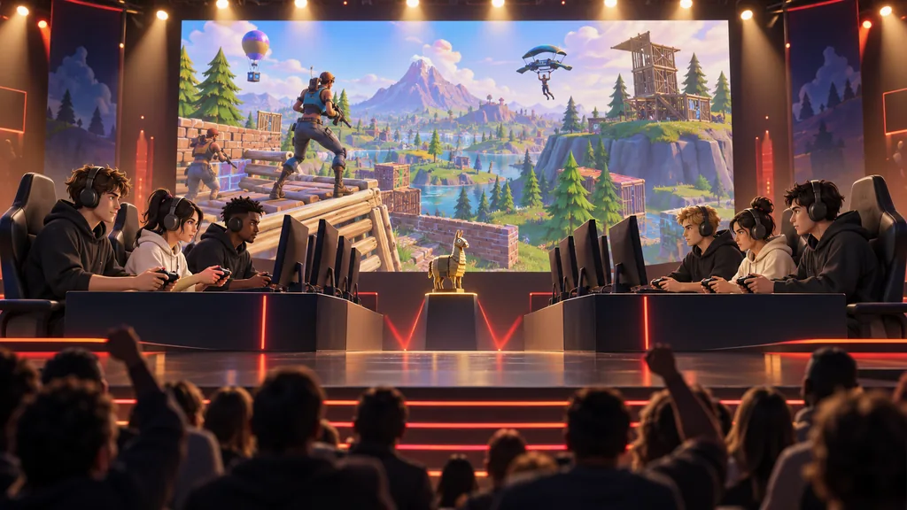 Две вымышленные команды Fortnite играют на сцене перед большим экраном и кубком в виде ламы.