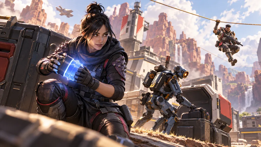 Героиня Apex Legends восстанавливает щит светящейся батареей рядом с роботом и укрытием.