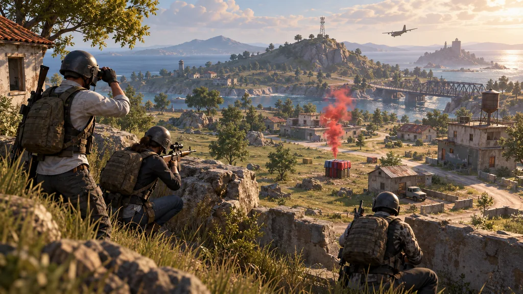 Отряд PUBG Mobile наблюдает с каменистого холма за ящиком снабжения и сельским побережьем.