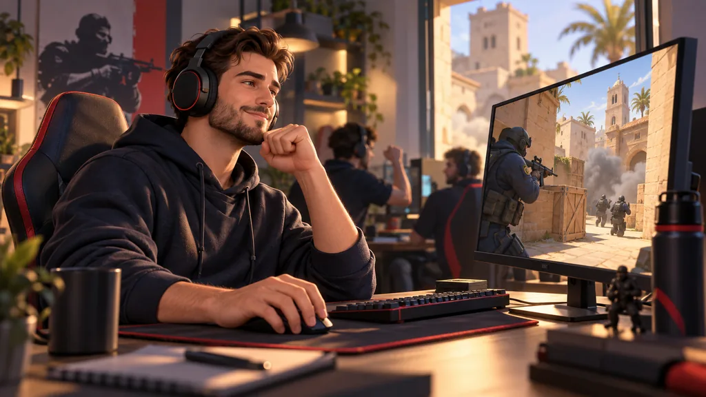 Игрок спокойно оценивает завершённую тренировку Counter-Strike 2 за рабочим столом Игрок спокойно оценивает завершённую тренировку Counter-Strike 2 за рабочим столом.