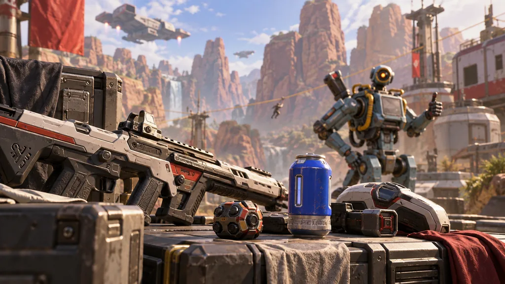 Футуристическая винтовка, батарея щита и снаряжение Apex Legends лежат на ящике перед дружелюбным роботом.