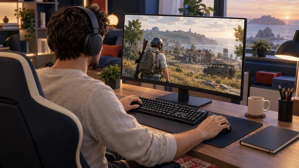 Игрок готовит клавиатуру и мышь перед монитором со сценой PUBG у сельских домов Игрок готовит клавиатуру и мышь перед монитором со сценой PUBG у сельских домов.