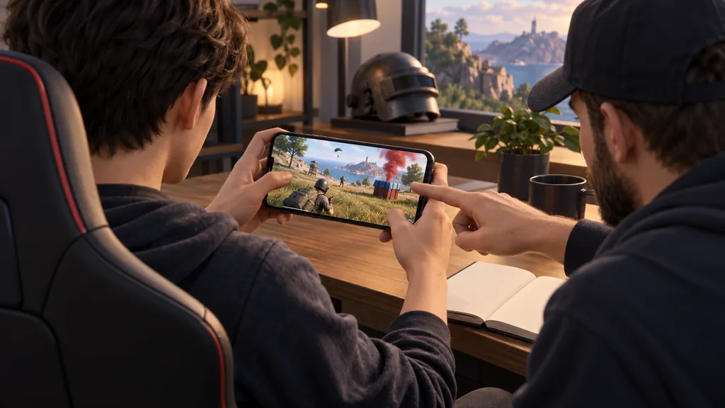 Тренер и ученик разбирают ситуацию у ящика снабжения PUBG Mobile на смартфоне рядом с блокнотом.
