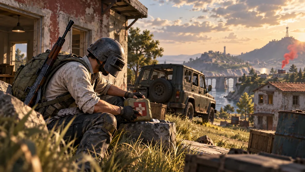 Боец PUBG осматривает аптечку возле дома и внедорожника на фоне красного сигнального дыма Боец PUBG осматривает аптечку возле дома и внедорожника на фоне красного сигнального дыма.