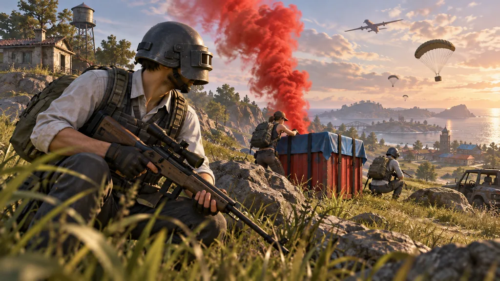 Боец PUBG Mobile прикрывает товарищей, собирающих припасы возле ящика снабжения.