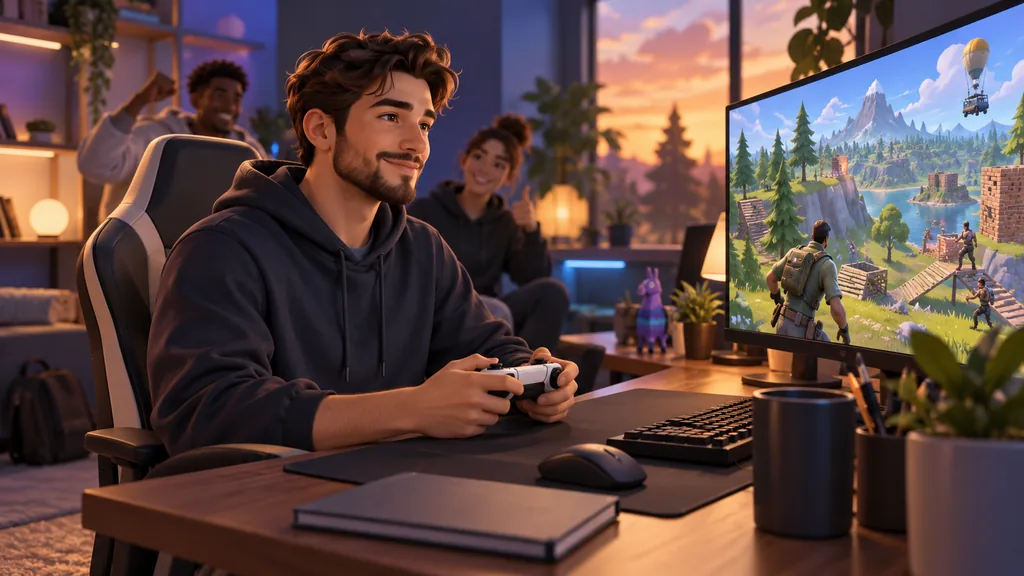 Игрок с контроллером оценивает успешную тренировку Fortnite на фоне команды.