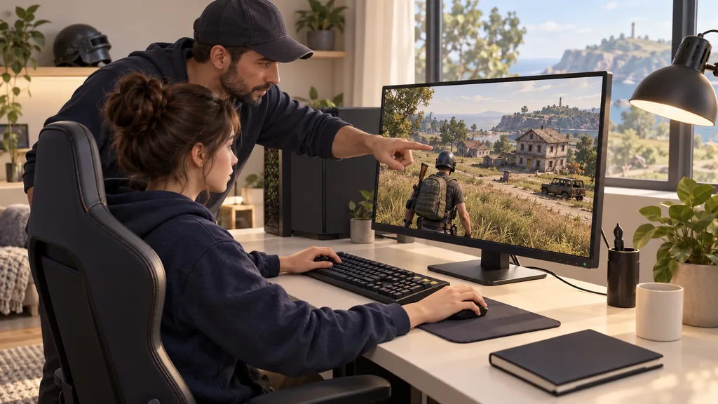 Тренер показывает ученице игровую сцену PUBG на мониторе во время подготовки к занятию Тренер показывает ученице игровую сцену PUBG на мониторе во время подготовки к занятию.