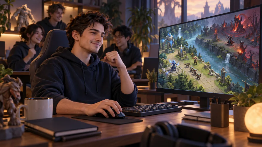 Игрок оценивает успешную тренировку Dota 2 за компьютером на фоне товарищей по команде.