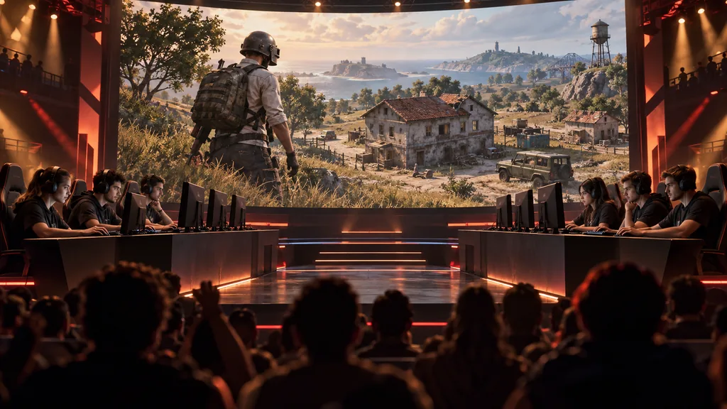 Две вымышленные команды PUBG выступают на турнирной сцене перед большим экраном и зрителями Две вымышленные команды PUBG выступают на турнирной сцене перед большим экраном и зрителями.