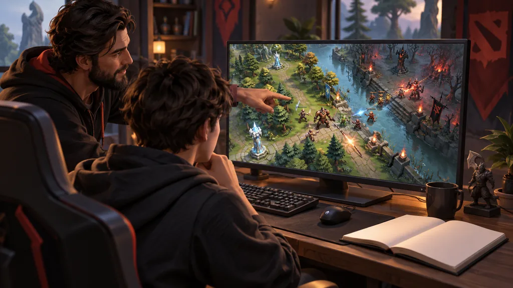 Тренер и ученик разбирают действия героев Dota 2 на мониторе во время индивидуального занятия.