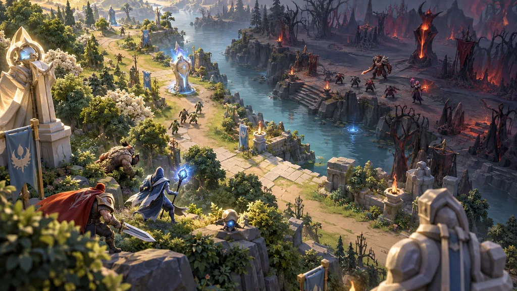Фэнтезийные герои Dota 2 занимают позиции у реки между светлым лесом и мрачными укреплениями.
