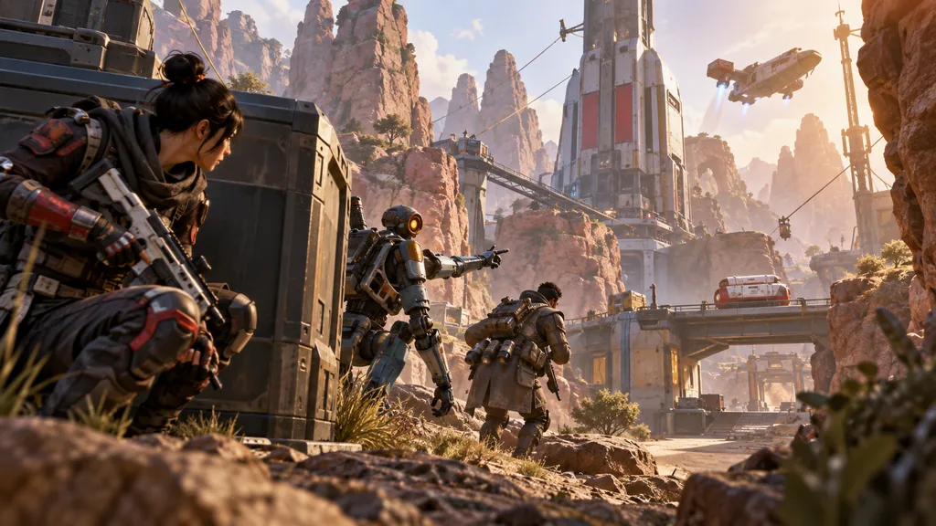 Персонажи Apex Legends изучают путь из-за ящика у футуристической базы в каньоне.
