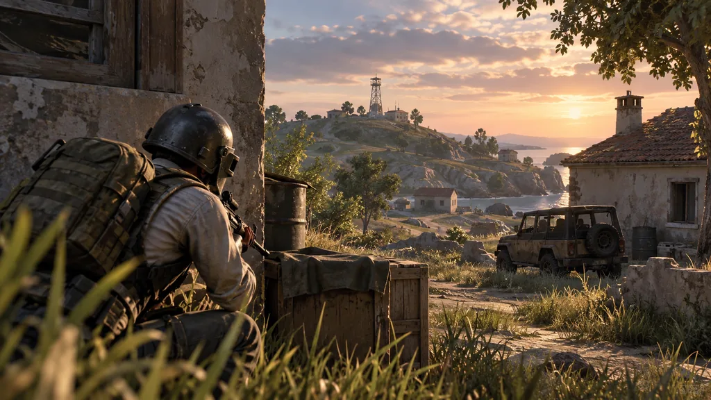 Боец PUBG укрывается у деревянного ящика за углом старого дома рядом с внедорожником Боец PUBG укрывается у деревянного ящика за углом старого дома рядом с внедорожником.