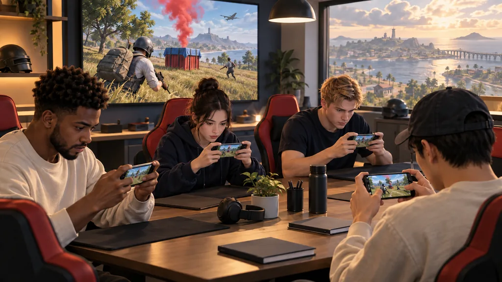 Четыре игрока тренируются в PUBG Mobile на смартфонах за общим столом.