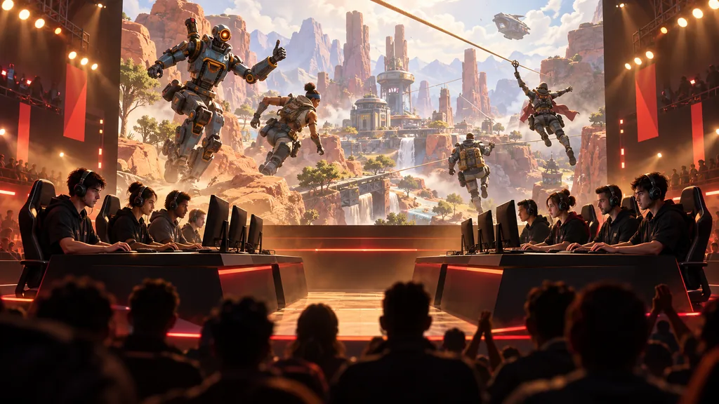 Две вымышленные команды Apex Legends выступают на сцене перед большим игровым экраном и зрителями.