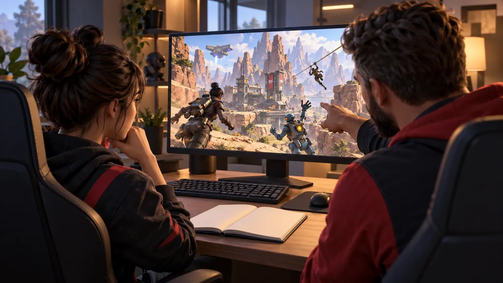 Тренер и ученица разбирают движение отряда Apex Legends по каньону перед монитором и блокнотом.