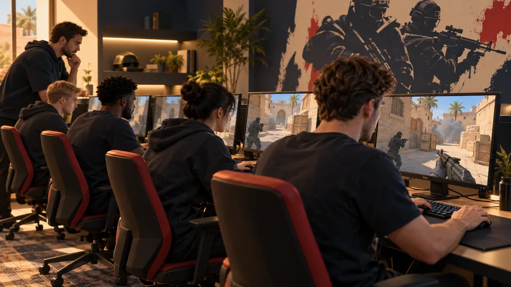 Команда игроков тренируется в Counter-Strike 2 за компьютерами в общей учебной комнате.