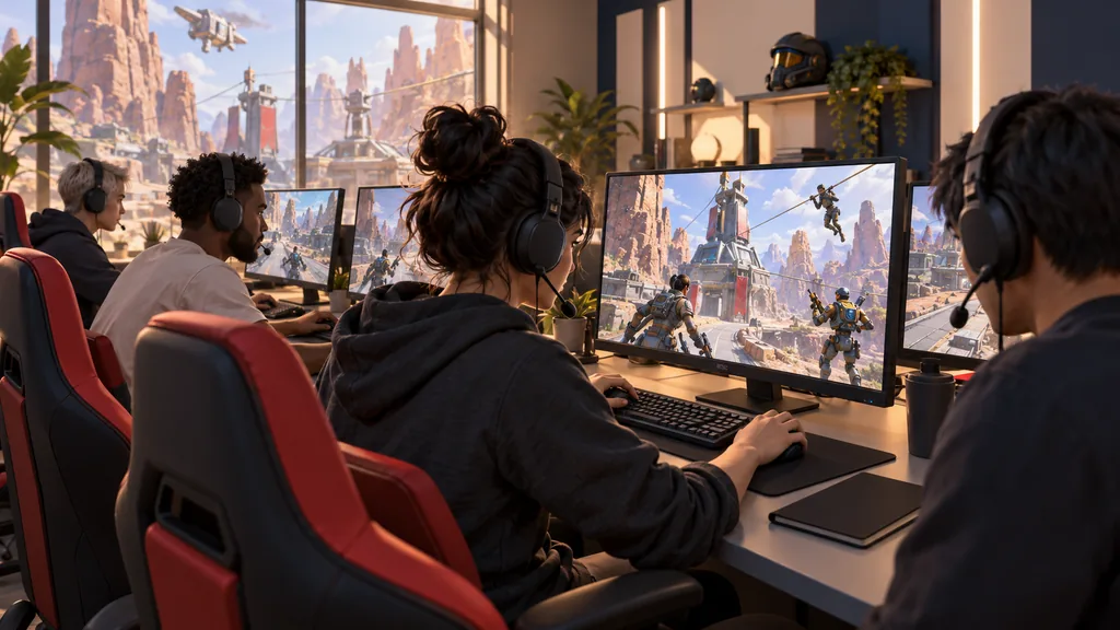 Четыре игрока тренируются в Apex Legends за рядом компьютеров в светлой игровой комнате.