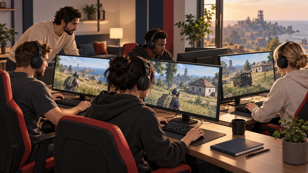 Четыре игрока тренируются в PUBG за компьютерами под наблюдением тренера Четыре игрока тренируются в PUBG за компьютерами под наблюдением тренера.