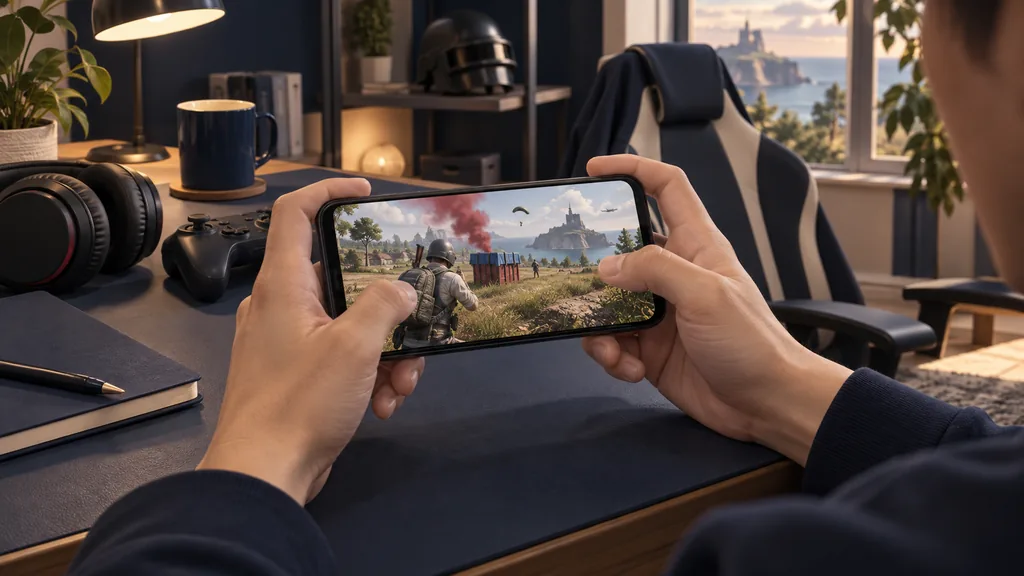 Руки игрока держат смартфон со сценой PUBG Mobile перед наушниками на рабочем столе Руки игрока держат смартфон со сценой PUBG Mobile перед наушниками на рабочем столе.