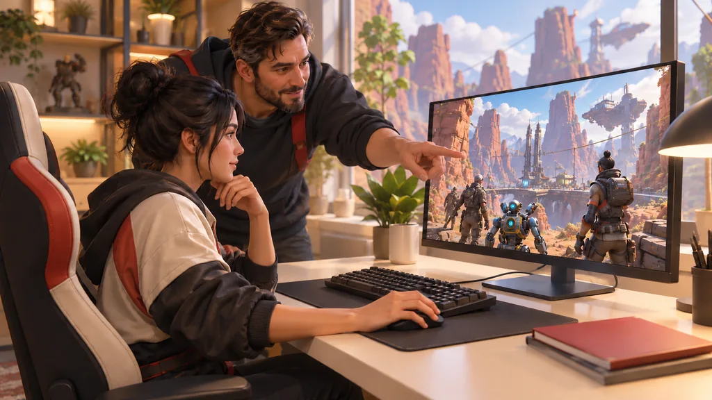 Тренер показывает ученице сцену Apex Legends на мониторе во время подготовки к тренировке.