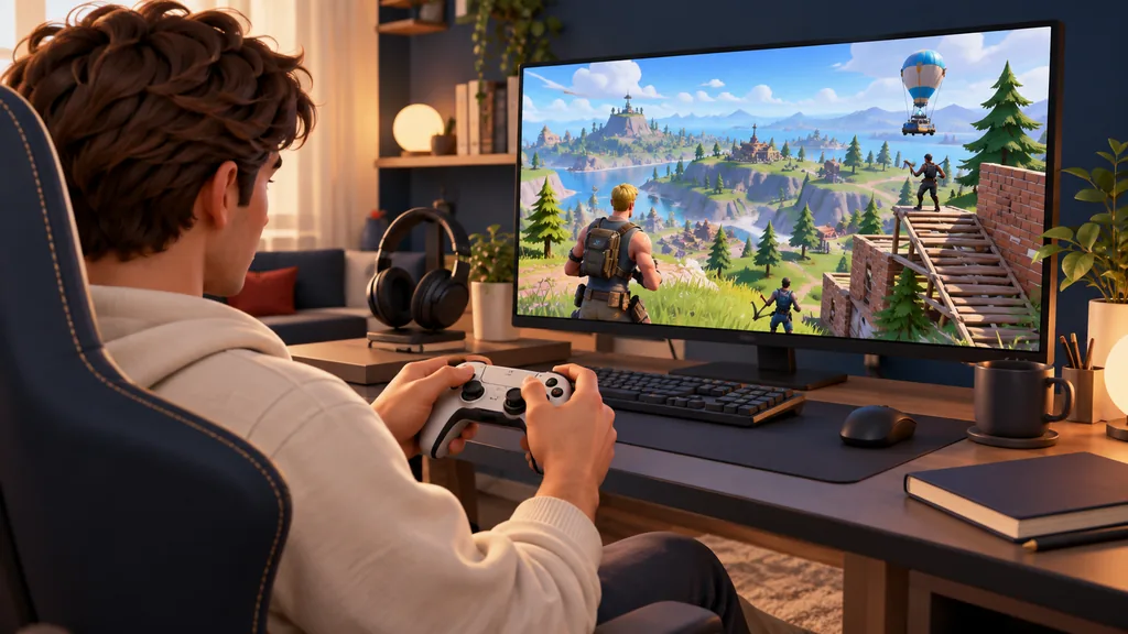 Игрок подбирает положение рук на контроллере перед экраном с островом Fortnite.