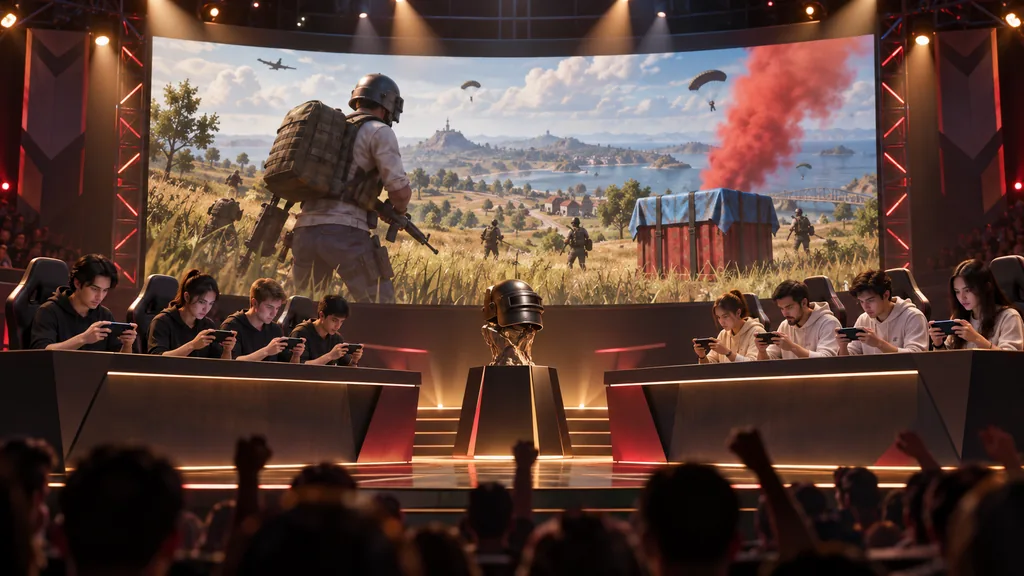 Две вымышленные команды PUBG Mobile играют на смартфонах на сцене с большим экраном и трофеем.