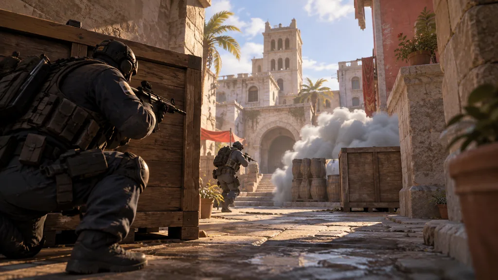 Боец Counter-Strike 2 наблюдает из-за деревянного укрытия за проходом, закрытым дымом.