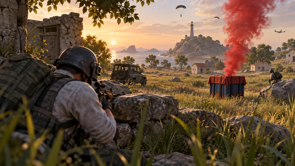 Боец PUBG Mobile с оптическим прицелом следит из-за камней за ящиком снабжения в поле.