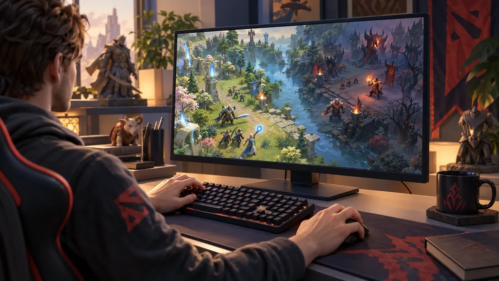Игрок готовит клавиатуру и мышь перед монитором с фэнтезийным полем боя Dota 2.