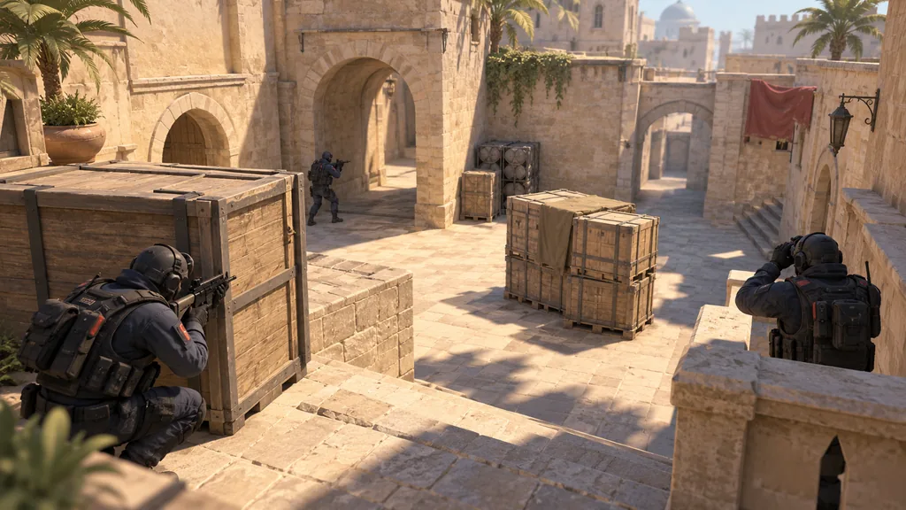 Оперативники Counter-Strike 2 занимают укрытия у ящиков и арок в светлом каменном дворе.