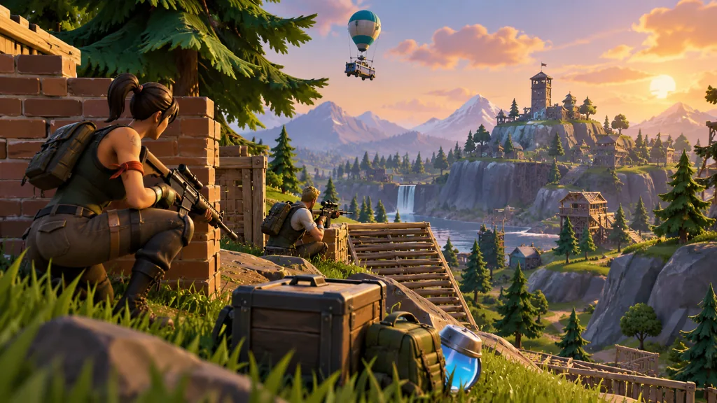Персонажи Fortnite изучают позиции на холме за кирпичной стеной и деревянной лестницей Персонажи Fortnite изучают позиции на холме за кирпичной стеной и деревянной лестницей.