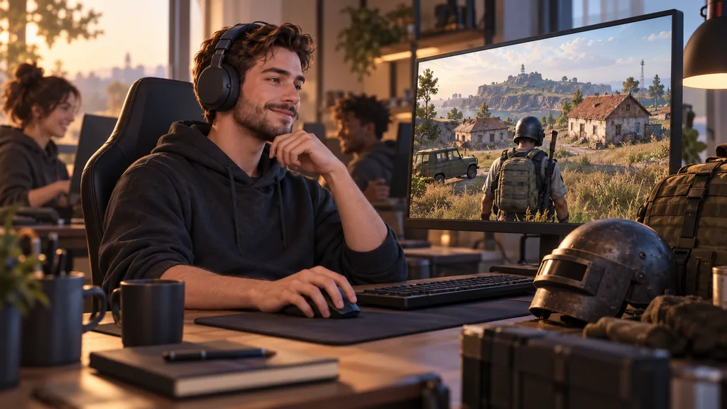 Игрок оценивает тренировку PUBG за компьютером со шлемом на столе и товарищами на заднем плане.