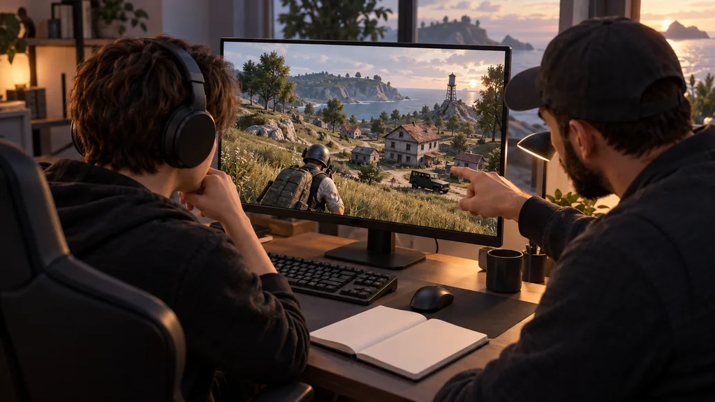 Тренер и ученик разбирают позицию бойца возле внедорожника в PUBG рядом с открытым блокнотом.